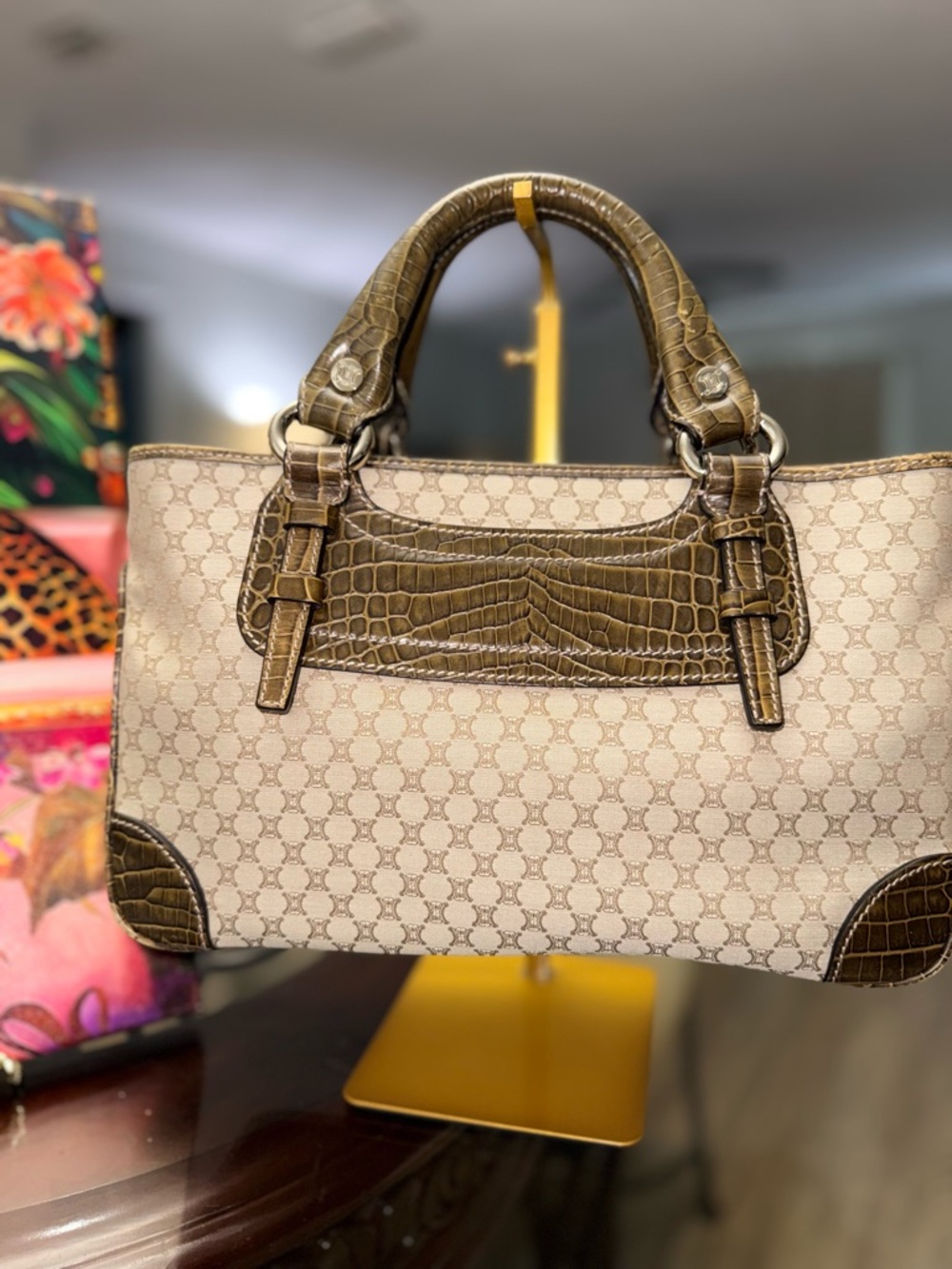 Celine RARE Beige & Brown Monogram Croc embossed Boogie Satchel - Picture 3 of 9